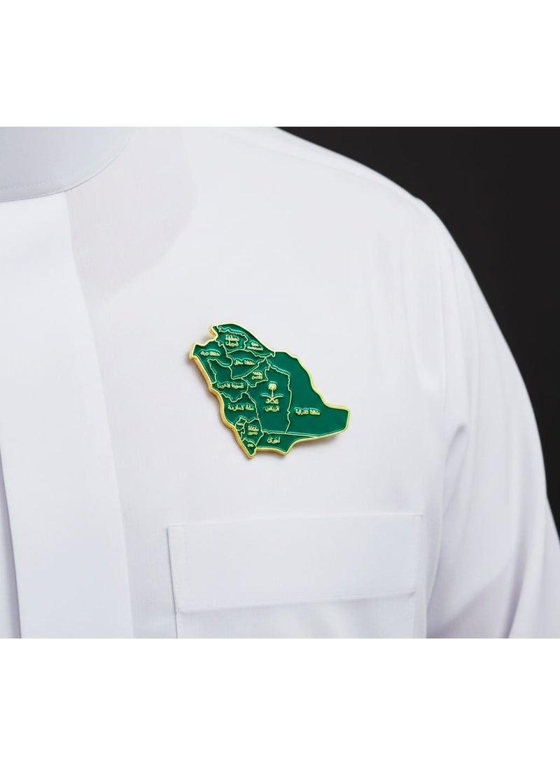 ARAB SOUVENIRS Premium Saudi Arabia Map Brooch Magnet – Green & Gold Metal Pin Featuring Regional Names in Arabic and National Emblem (Palm & Swords) – Elegant Patriotic Accessory for Jackets, Bags, Gifts Souvenir - Image 2